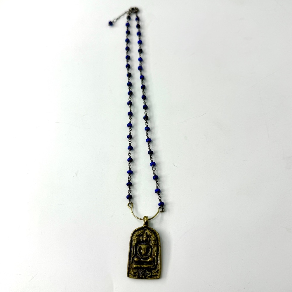 Vintage Sitting Buddha Pendant Necklace, Lapis Lazuli Wire Wrapped Necklace